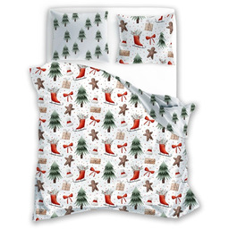 Pościel bożonarodzeniowa bawełniana biała w choinki i prezenty