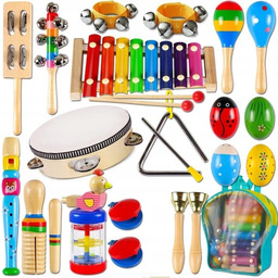 DREWNIANY ZESTAW INSTRUMENTY DLA DZIECI EDUKACYJNE FLET CYMBAŁKI