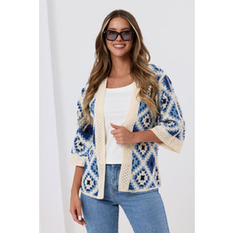 Szydełkowy kardigan z geometrycznym wzorem / KREMOWY