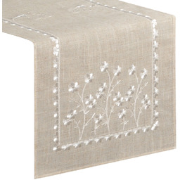 Bieżnik beżowy z dodatkiem lnu haftowany w białe