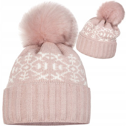 Różowa Damska Czapka Zimowa Z Pomponem Beżowe Śnieżynki