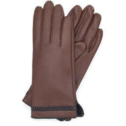 Damskie rękawiczki skórzane z obszyciem w kłos brązowe