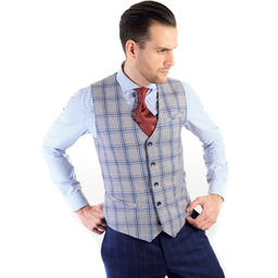 Szara męska kamizelka jednorzędowa w niebieską kratę windowpane