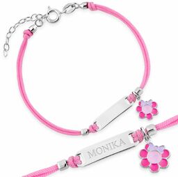 Srebrna Bransoletka 925 Sznurkowa ID Kwiatek Grawer