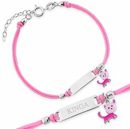 Srebrna Bransoletka 925 Sznurkowa ID Kotek Grawer