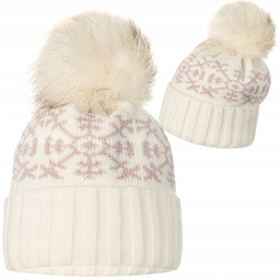 Ecru Damska Czapka Zimowa Z Pomponem Różowe Śnieżynki