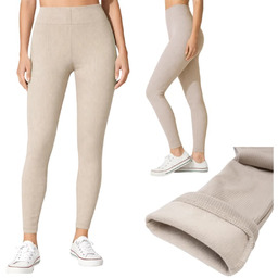 Beżowe legginsy ocieplane prążkowane z wysokim stanem S/M