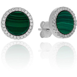 Srebrne kolczyki kółeczka z malachitem i cyrkoniami sztyfty