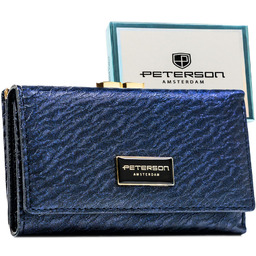 Niebieski portfel damski zamykany na zatrzask i bigiel