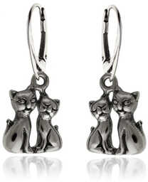 Eleganckie wiszące oksydowane srebrne kolczyki koty kotki cats