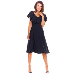 Czarna Rozkloszowana Midi Sukienka z Falbanką przy Dekolcie