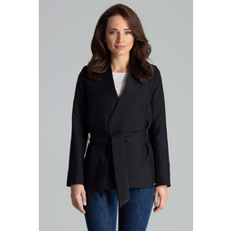 Czarny Stylowy Żakiet bez Zapięcia z Wiązanym Paskiem