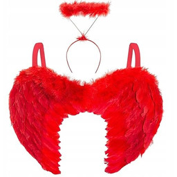 SKRZYDŁA ANIOŁA CZERWONE Z HALO OPASKĄ KOSTIUM WRÓŻKI