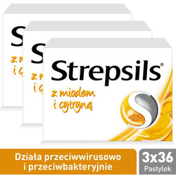 Zestaw 3x Strepsils miód + cytryna, 36pastylek