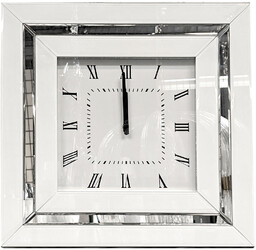 ZEGAR WISZĄCY lustrzany, biały z srebrną ramką, kwadratowy,