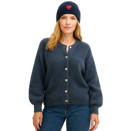 Sweter Damski Kardigan z Bufiastymi Rękawami Włoski Granatowy