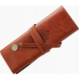 PIÓRNIK SKÓRZANY BRĄZOWY ZWIJANY KUFEREK ETUI ORGANIZER