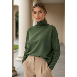 Elegancki sweter damski z golfem - zielony sweter