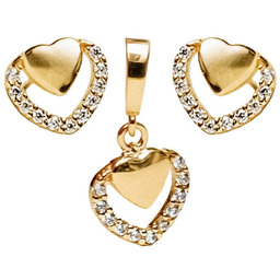 Złoty komplet biżuterii 585 podwójne serduszka z cyrkoniami