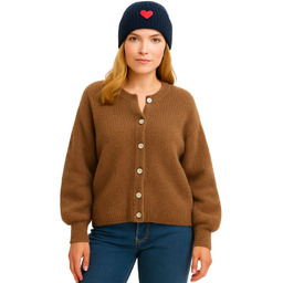 Sweter Damski Kardigan z Bufiastymi Rękawami Włoski Brązowy