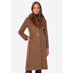 Damski płaszcz z odpinanym sztucznym futerkiem brązowy