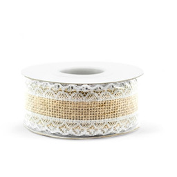 Tasiemka jutowa z białą koronką, 40 mm /