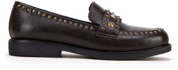 Damskie loafersy skórzane z ozdobnymi nitami brązowe