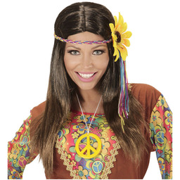 Brązowa peruka hippie z wielokolorową opaską z motywem