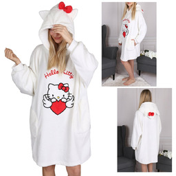 Hello Kitty Biała, Damska Bluza/Szlafrok/Koc Z Kapturem, Snuddie,