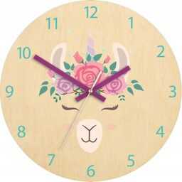 Zegar brzozowy kwarcowy ścienny ze wzorem lamy akrylowy