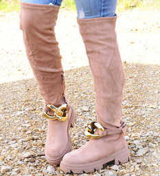 Wysokie zamszowe kozaki z łańcuchem Khaki