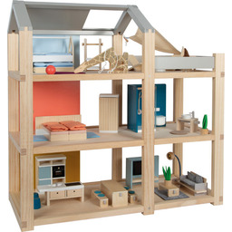 Duży drewniany domek dla lalek w stylu skandynawskim