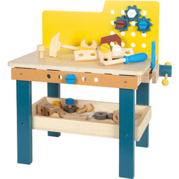 Wielofunkcyjny drewniany stół warsztatowy z imadłem i schowkiem