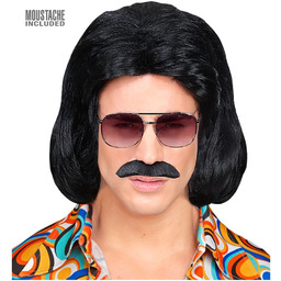 Czarna peruka Dandy z lat 70. z wąsami