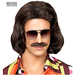 Brązowa peruka Dandy z lat 70. z wąsami