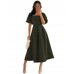 SHEIN KHAKI ROZKLOSZOWANA SUKIENKA Z BUFIASTYMI RĘKAWAMI 40/42