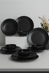 Elegancki matowy czarny ceramiczny zestaw obiadowy (12 sztuk)