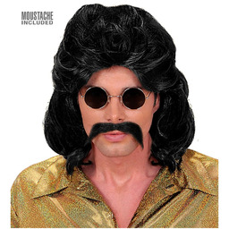 Czarna peruka fazet lat 70-tych z wąsami