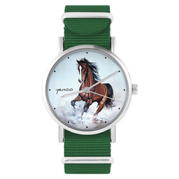 Pakamera Zegarek - Koń brązowy - zielony, nylonowy