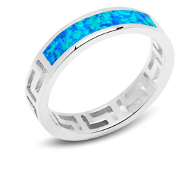 Srebrna Obrączka z Niebieskim Opalem Wzór Grecki
