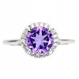 Jewelili Złoty Pierścionek Cyrkonie Ametyst Fiolet Białe Złoto