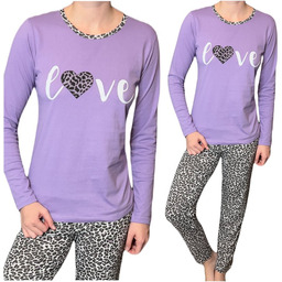 Piżama damska bawełniana długie spodnie/rękaw FIOLET love panterka