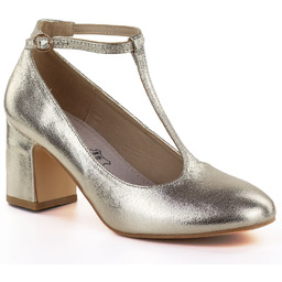 Czółenka na słupku błyszczące z paskiem złote Mascara