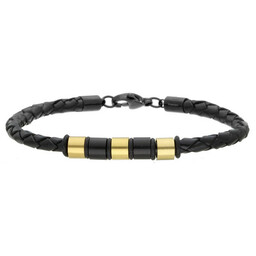 Męska bransoletka czarny rzemień z czarnymi i złotymi