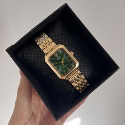 Zegarek damski złoty z prostokątną zieloną kopertą stal