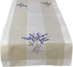 Bieżnik beżowy w haftowane fioletowe kwiaty lawendy OH266-01