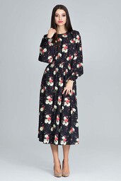 Stylowa Sukienka w Barwny Deseń z Bufiastym Rękawem