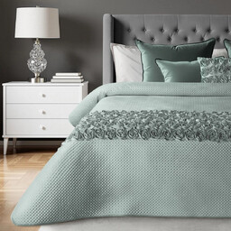 Narzuta welwetowa miętowa z aplikacją w kształcie róż