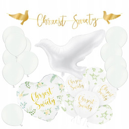 ZESTAW NA CHRZEST CHRZCINY BANER SERCE BALONY GOŁĄBEK