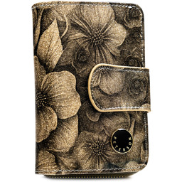 Złoty, pionowy portfel damski ze skóry naturalnej